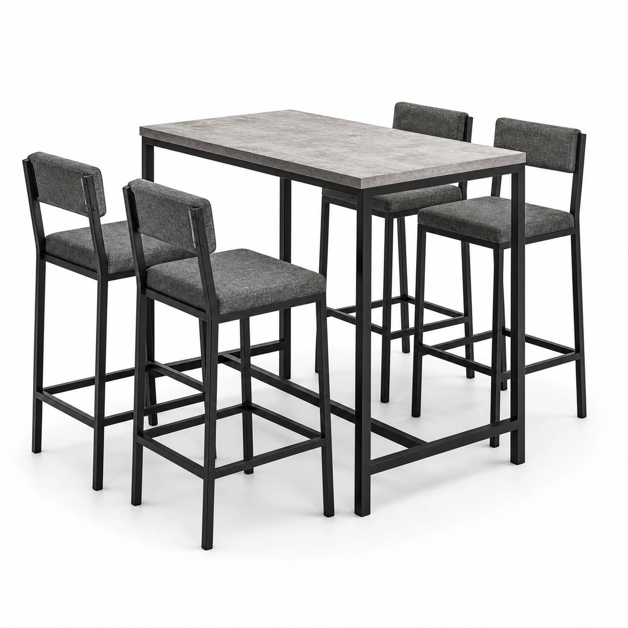 5-teilige Essgruppe mit Bartisch 120 x 60 x 90 cm und 4 gepolsterten Barstühlen 42 x 47 x 95 cm, Grau/Schwarz