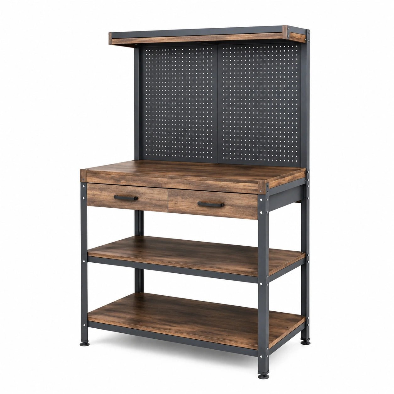 Küchenregal mit Arbeitsplatte, 2 Schubladen, Lochwand und 3 Ablagen, 100 × 50 × 180 cm, Braun und Schwarz