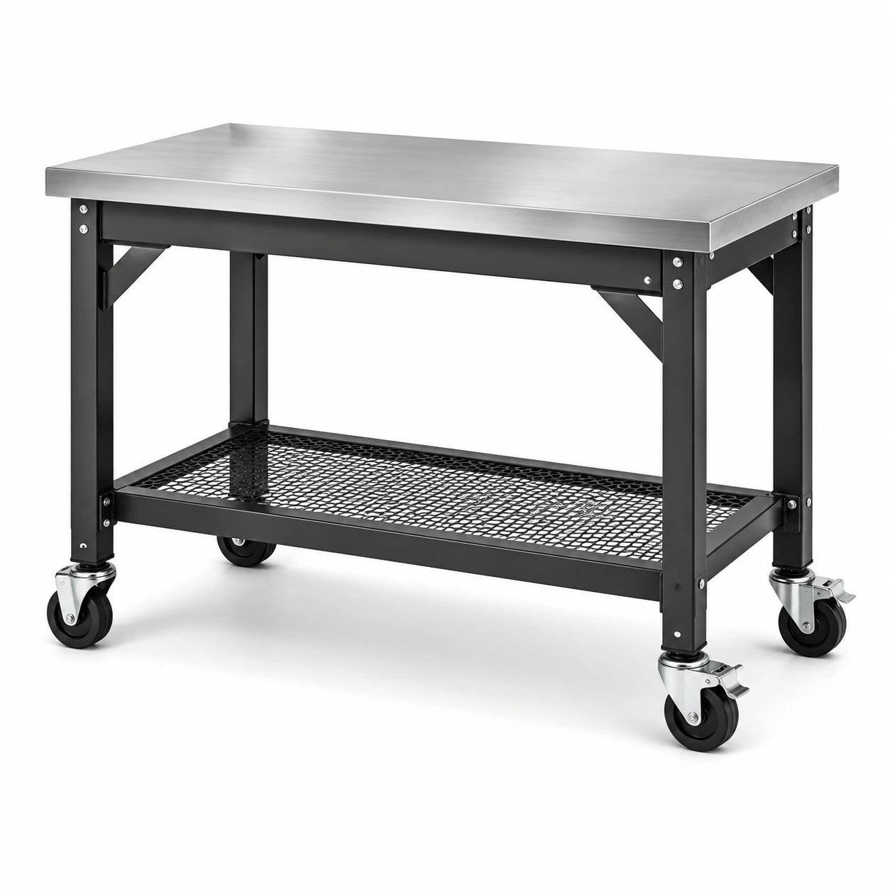 Mobiler Arbeitstisch aus Edelstahl und Stahl, 122 × 61 × 89 cm, Schwarz/Silber, mit Gitterablage und Rollen