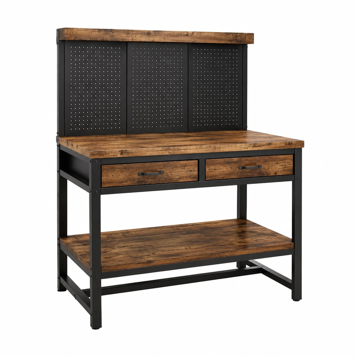 Werkbank mit Werkzeugwand, 2 Schubladen und Ablage, Holzwerkstoff und Stahl, 120 × 60 × 150 cm, Braun/Schwarz