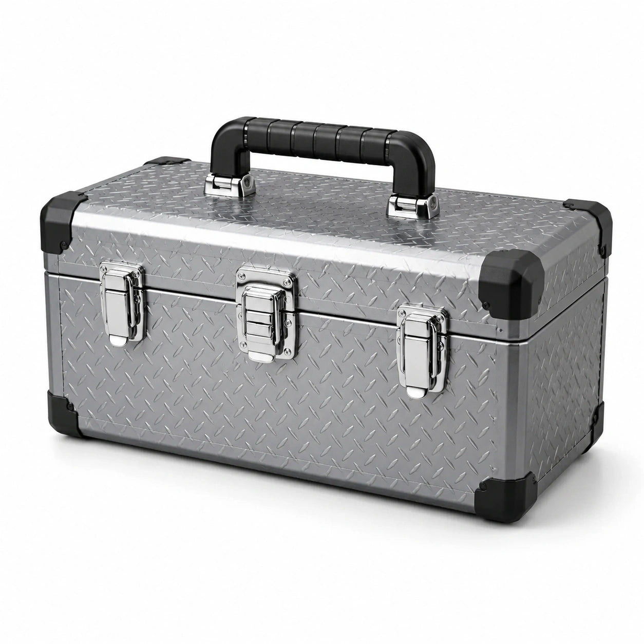 Aluminium-Werkzeugkoffer 50 × 25 × 25 cm, Silber/Schwarz, mit Tragegriff und drei Spannverschlüssen