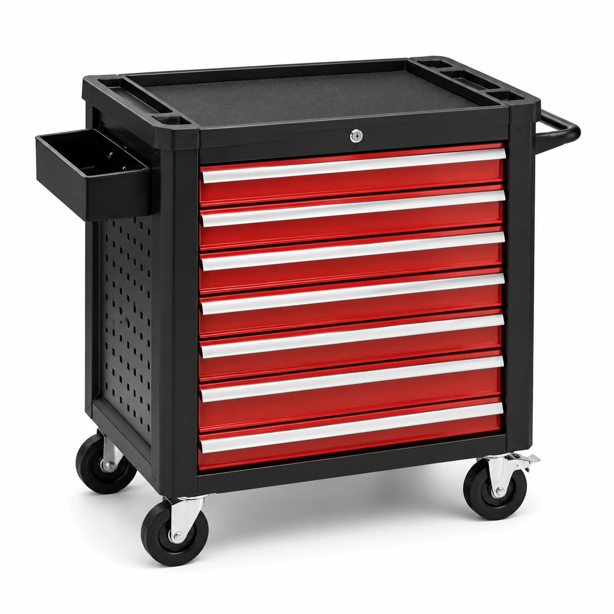 Mobiler Werkzeugwagen aus Stahl mit 7 abschließbaren Schubladen, 77 × 47 × 97 cm, Rot-Schwarz-Silberfarben