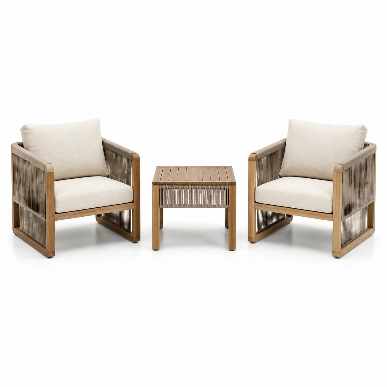 3-teiliges Gartenmöbel-Set mit 2 Sesseln und Beistelltisch – Sessel 75 × 78 × 78 cm, Tisch 50 × 50 × 47 cm – Naturbraun, Beige und Taupe