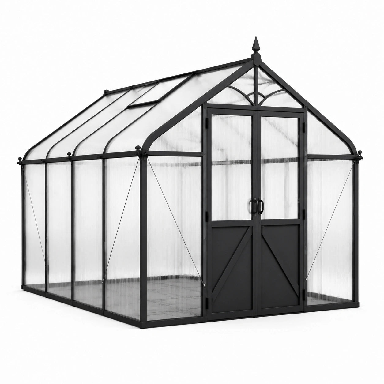 Gewächshaus aus schwarzem Aluminium und transparentem Polycarbonat, 244 × 183 × 213 cm, mit Doppeltür und Dachfenster