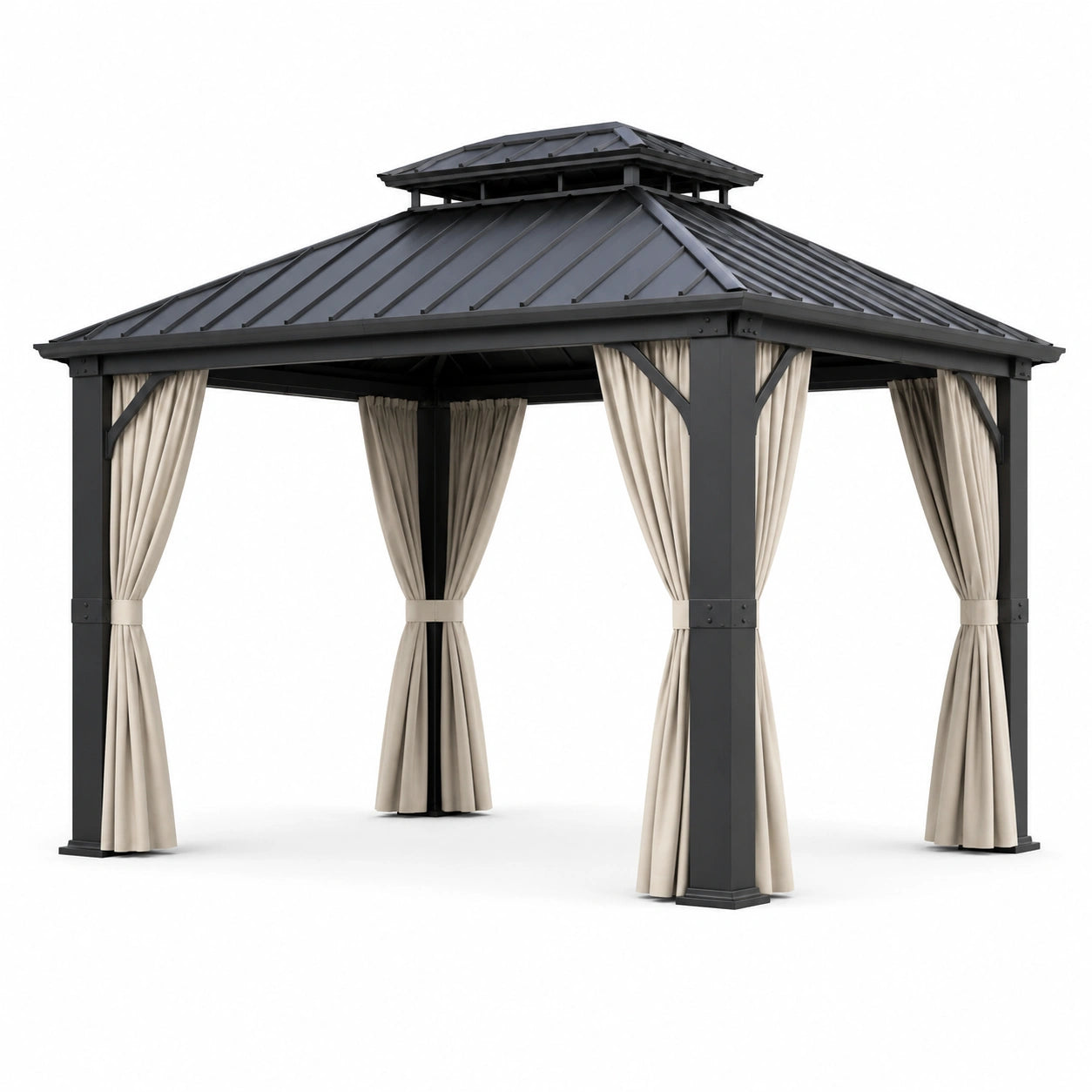 Gartenpavillon aus Metall mit festem Dach und Vorhängen, 300 × 300 × 280 cm, Dunkelgrau/Beige