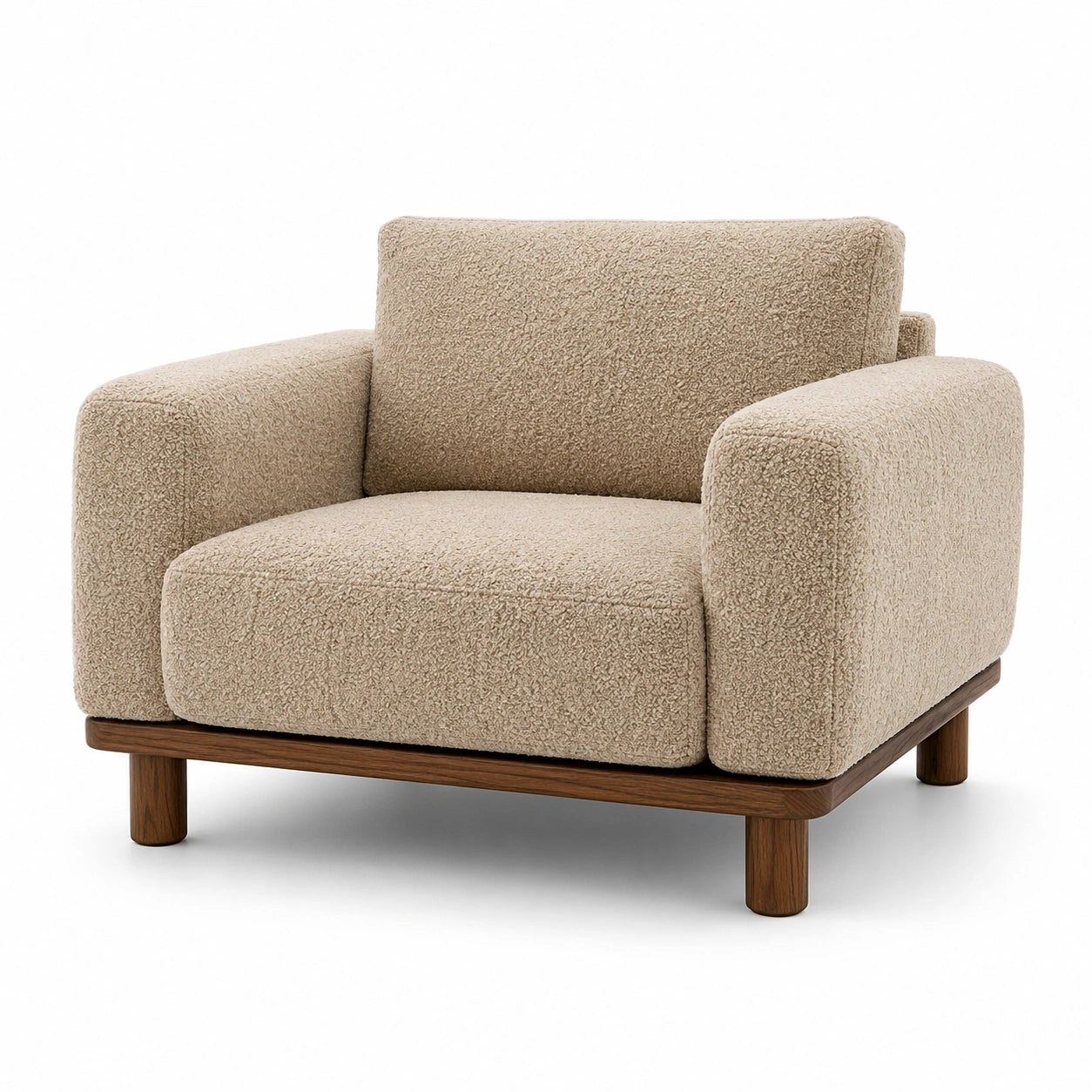Moderner Bouclé-Sessel mit Holzgestell in Beige und Braun, 105 × 95 × 85 cm