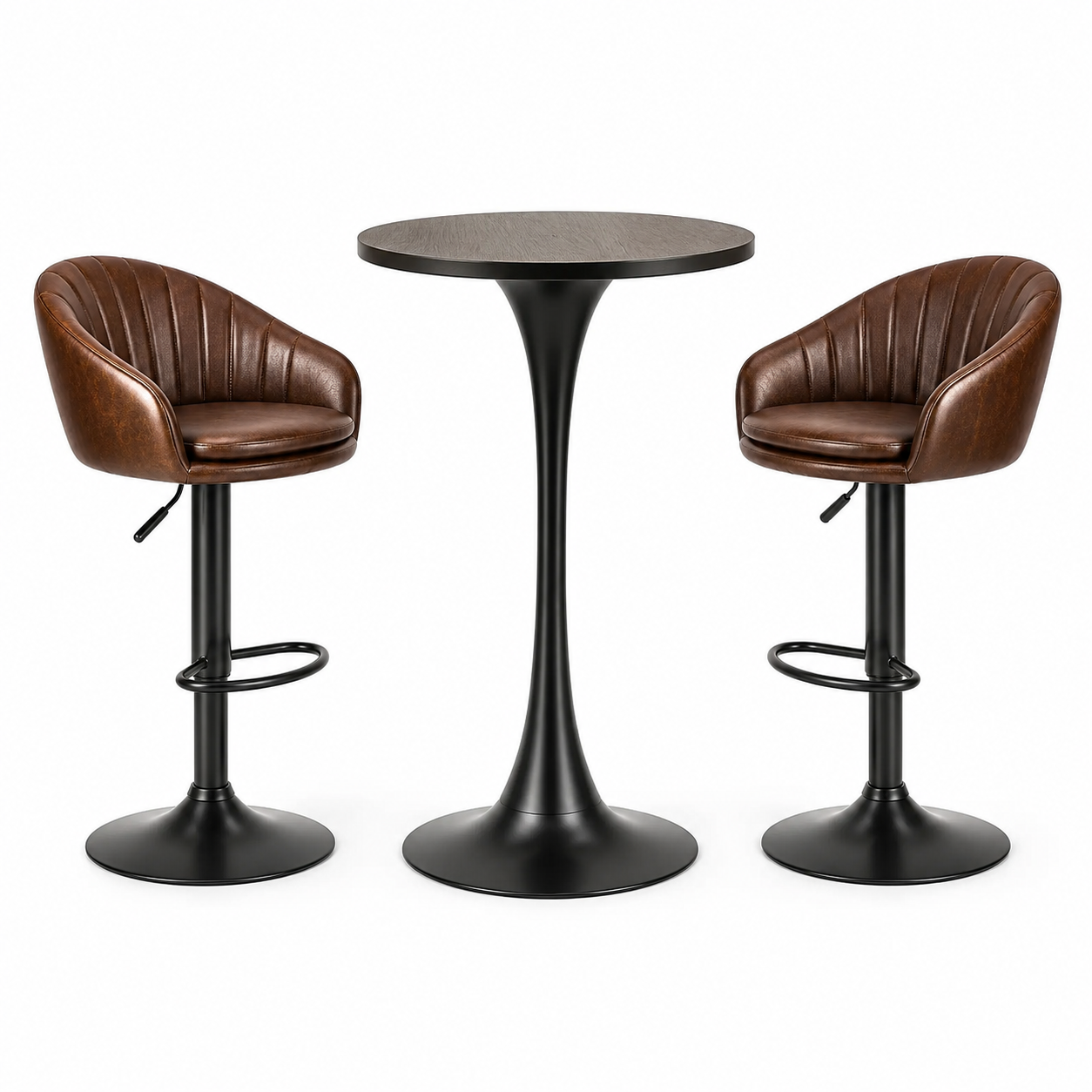 3-teiliges Bartisch-Set mit Tisch Ø 60 × 90 cm und 2 höhenverstellbaren Barhockern 53 × 52 × 86–107 cm, Braun, Schwarz und Grau