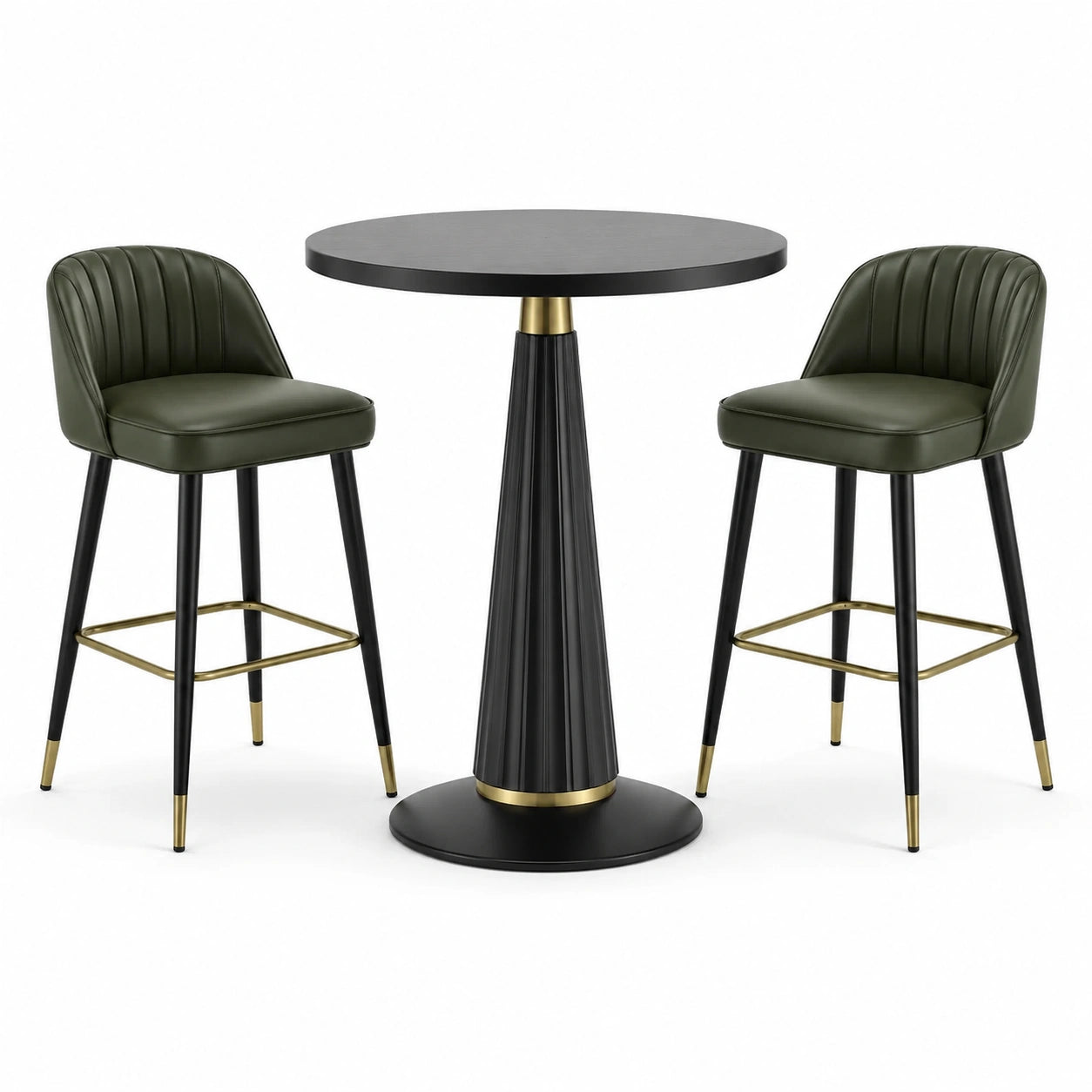 3-teiliges Bartisch-Set mit Tisch Ø 90 × 105 cm und 2 Barhockern 50 × 52 × 98 cm, Dunkelgrün, Schwarz und Goldfarben