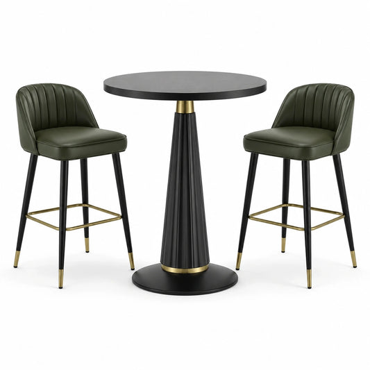 3-teiliges Bartisch-Set mit Tisch Ø 90 × 105 cm und 2 Barhockern 50 × 52 × 98 cm, Dunkelgrün, Schwarz und Goldfarben