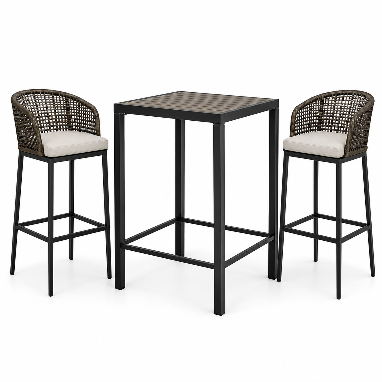 3-teiliges Gartenbar-Set mit Bartisch 80 × 80 × 105 cm und 2 Barstühlen 56 × 58 × 112 cm, Schwarz/Braun/Beige
