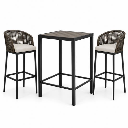 3-teiliges Gartenbar-Set mit Bartisch 80 × 80 × 105 cm und 2 Barstühlen 56 × 58 × 112 cm, Schwarz/Braun/Beige