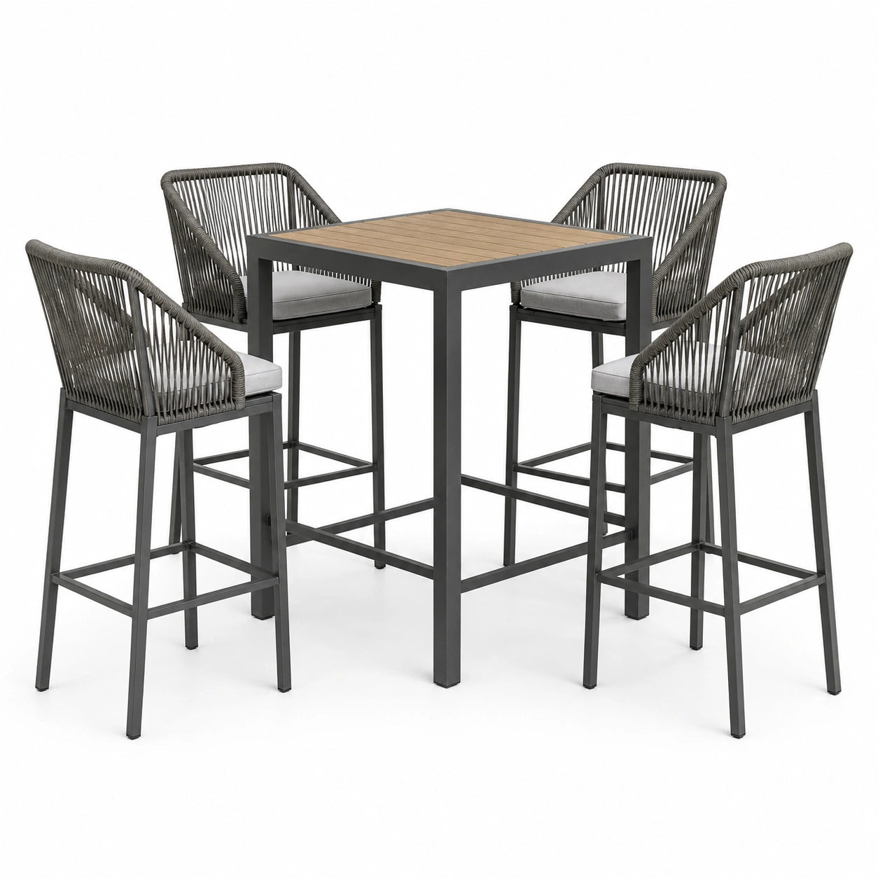 5-teiliges Gartenbar-Set in Dunkelgrau, Braun und Hellgrau – Bartisch 90 × 90 × 105 cm mit 4 Barstühlen 57 × 60 × 108 cm