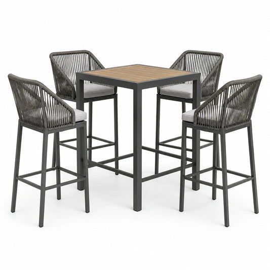 5-teiliges Gartenbar-Set in Dunkelgrau, Braun und Hellgrau – Bartisch 90 × 90 × 105 cm mit 4 Barstühlen 57 × 60 × 108 cm