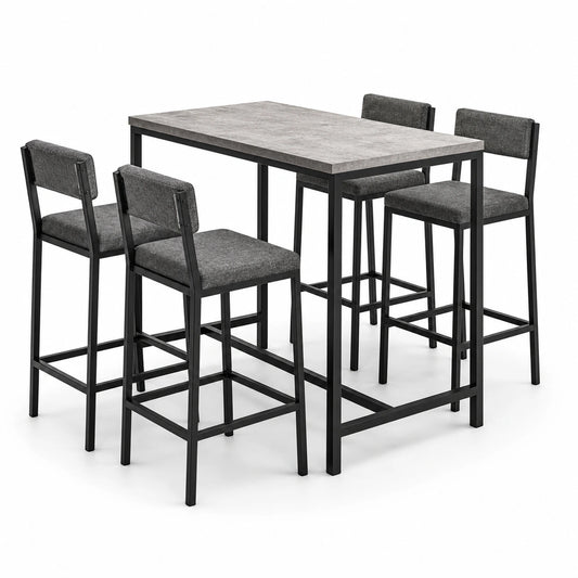 5-teilige Essgruppe mit Bartisch 120 x 60 x 90 cm und 4 gepolsterten Barstühlen 42 x 47 x 95 cm, Grau/Schwarz