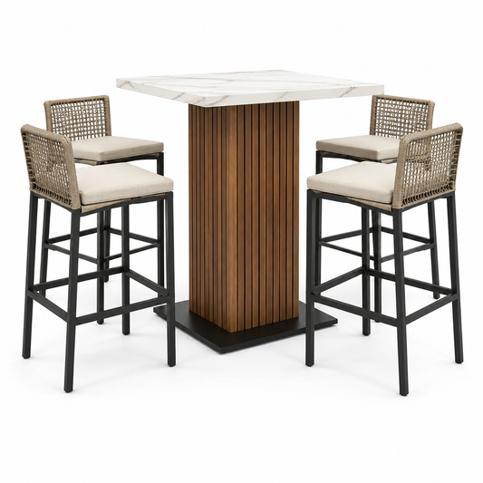 5-teiliges Gartenbar-Set mit Tisch 100 × 100 × 105 cm und 4 Stühlen 55 × 55 × 100 cm, Weiß, Braun, Beige, Schwarz und Taupe