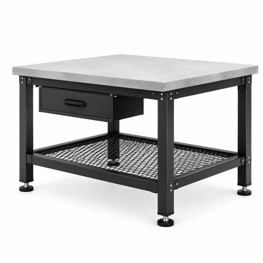 Werkbank mit Schublade und Gitterablage, 100 × 100 × 90 cm, Grau/Schwarz, Stahl und Holzwerkstoff