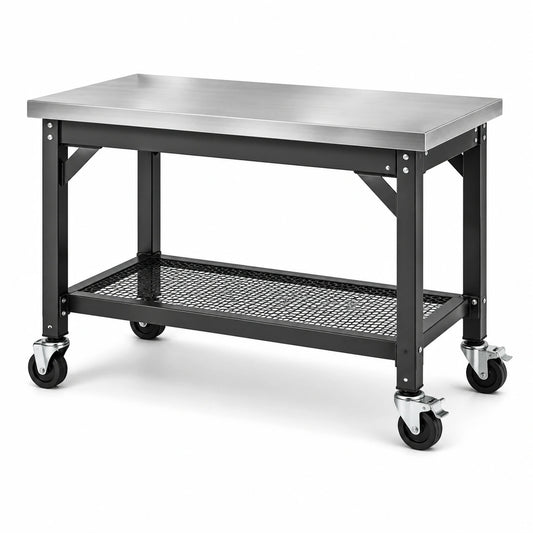 Mobiler Arbeitstisch aus Edelstahl und Stahl, 122 × 61 × 89 cm, Schwarz/Silber, mit Gitterablage und Rollen