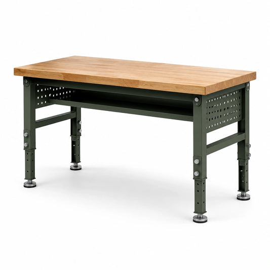 Höhenverstellbare Werkbank mit Ablage und Lochplatten, 120 × 60 × 85–105 cm, Natur/Dunkelgrün/Schwarz
