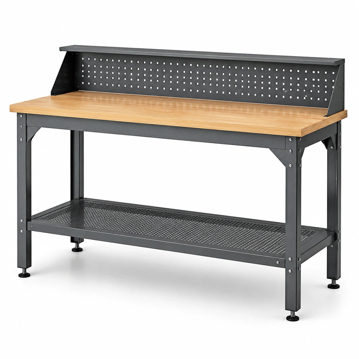 Werkbank aus Stahl und Holz mit Lochwand und Ablagen, 120 × 60 × 150 cm, Schwarz/Natur