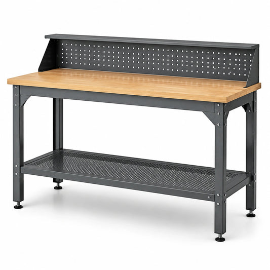 Werkbank aus Stahl und Holz mit Lochwand und Ablagen, 120 × 60 × 150 cm, Schwarz/Natur
