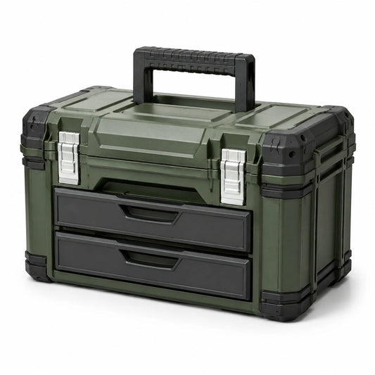 Werkzeugkasten mit 2 Schubladen und Tragegriff, 54 × 32 × 40 cm, Olivgrün, Schwarz und Silber