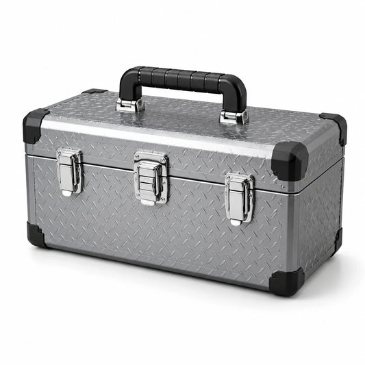 Aluminium-Werkzeugkoffer 50 × 25 × 25 cm, Silber/Schwarz, mit Tragegriff und drei Spannverschlüssen