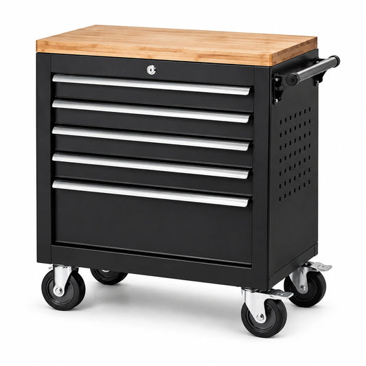 Werkzeugwagen aus Stahl mit Bambusplatte, 67 × 33 × 77 cm, Schwarz/Natur, 5 abschließbare Schubladen und 4 Lenkrollen