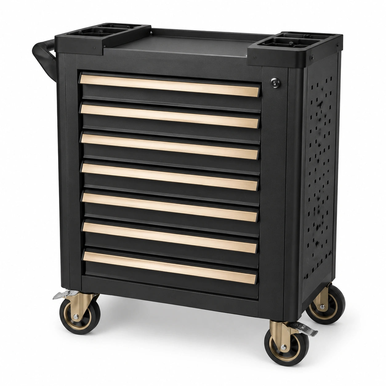 Mobiler Werkzeugwagen aus Stahl mit 7 Schubladen, abschließbar, 85 × 48 × 97 cm, Schwarz/Gold