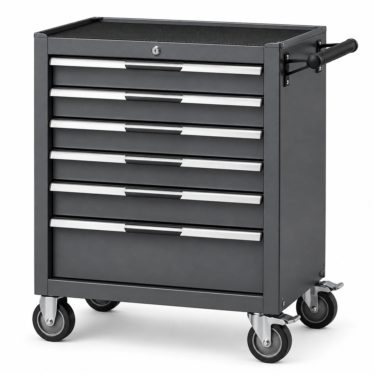 Mobiler abschließbarer Werkstattwagen aus Stahl mit 6 Schubladen, 77 × 46 × 97 cm, Schwarz/Silber