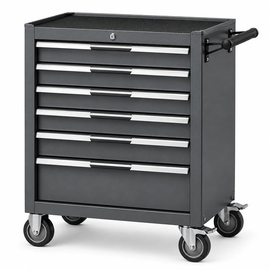 Mobiler abschließbarer Werkstattwagen aus Stahl mit 6 Schubladen, 77 × 46 × 97 cm, Schwarz/Silber