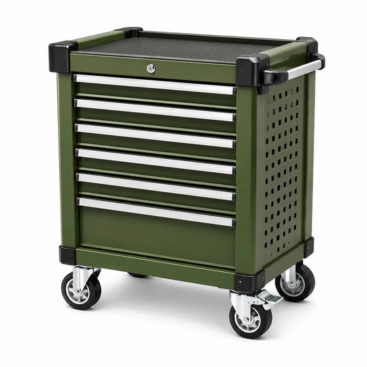 Abschließbarer Werkzeugwagen aus Stahl mit 6 Schubladen und 4 Rollen, 77 × 47 × 98 cm, Grün