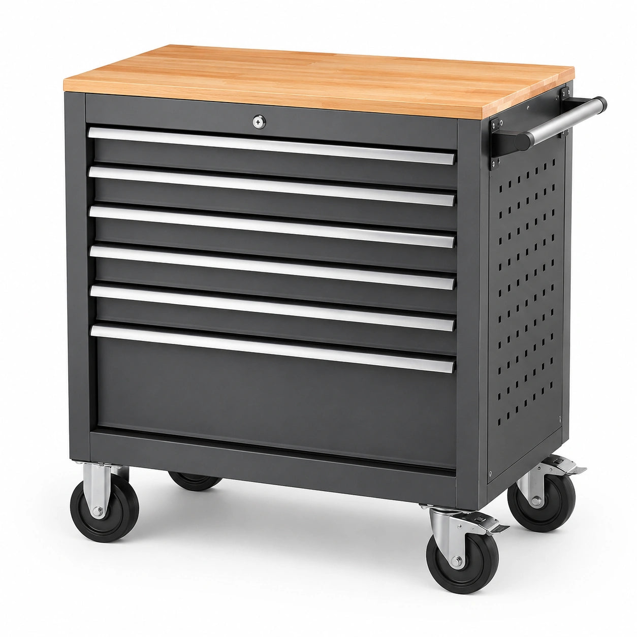 Mobiler Werkzeugwagen aus Stahl mit Holzarbeitsplatte, 6 abschließbaren Schubladen, 78 × 46 × 91 cm, Schwarz