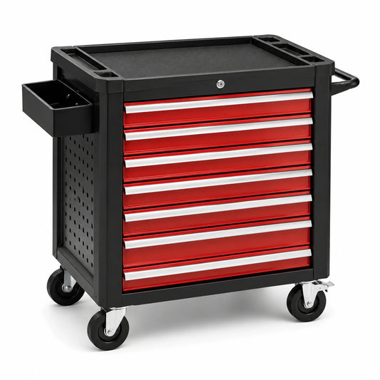 Mobiler Werkzeugwagen aus Stahl mit 7 abschließbaren Schubladen, 77 × 47 × 97 cm, Rot-Schwarz-Silberfarben