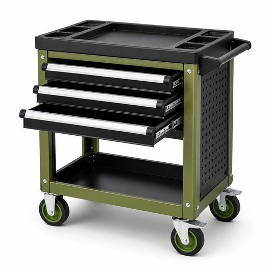 Mobiler Werkzeugwagen aus Stahl mit 3 Schubladen, 2 Ablagen und 4 Rollen, 76 × 46 × 89 cm, Olivgrün/Schwarz/Silber