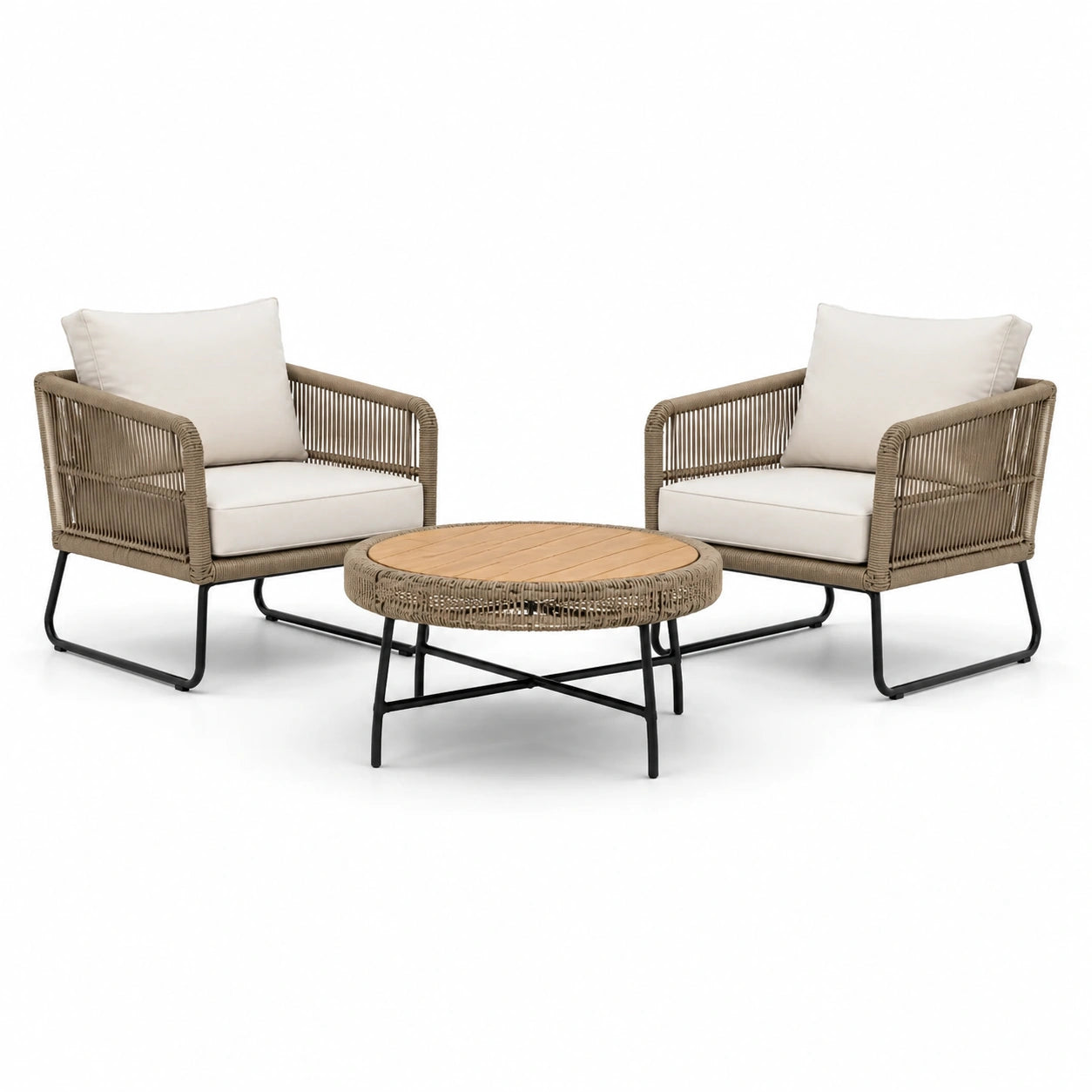 3-teiliges Gartenmöbel-Set mit 2 Sesseln 78 × 76 × 78 cm und rundem Couchtisch Ø 70 × 40 cm, Beige, Creme, Schwarz und Natur