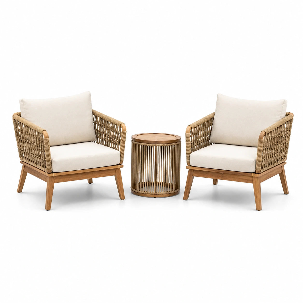 3-teiliges Gartenmöbel-Set in Natur und Beige – 2 Sessel à 76 × 78 × 78 cm und Tisch Ø 46 × 50 cm