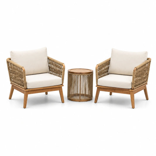 3-teiliges Gartenmöbel-Set in Natur und Beige – 2 Sessel à 76 × 78 × 78 cm und Tisch Ø 46 × 50 cm