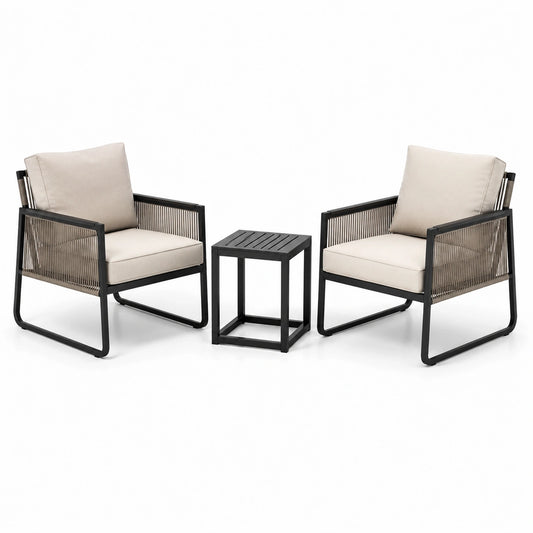 3-teiliges Gartenmöbel-Set in Schwarz, Beige und Taupe – 2 Sessel 68 × 74 × 79 cm und Beistelltisch 40 × 40 × 45 cm