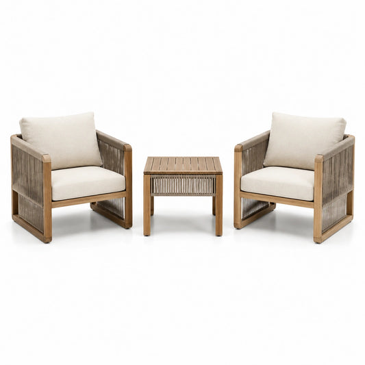 3-teiliges Gartenmöbel-Set mit 2 Sesseln und Beistelltisch – Sessel 75 × 78 × 78 cm, Tisch 50 × 50 × 47 cm – Naturbraun, Beige und Taupe