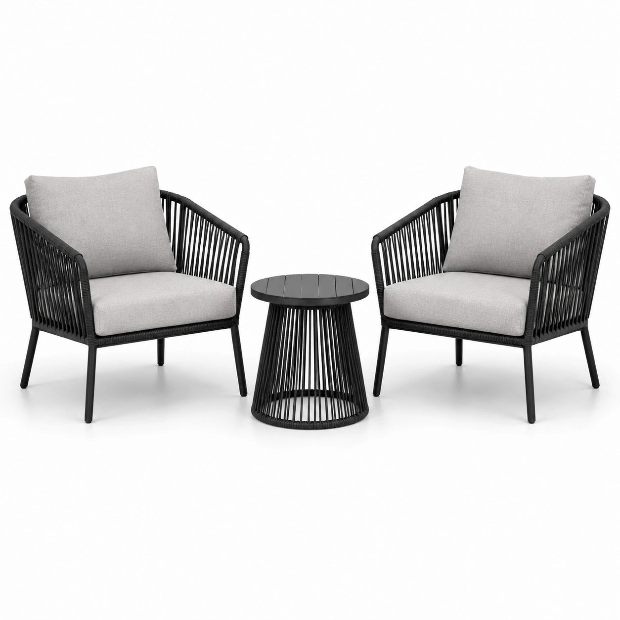 3-teiliges Gartenmöbel-Set mit 2 Sesseln je 75 × 75 × 80 cm und Beistelltisch Ø 50 × 45 cm, Schwarz/Hellgrau