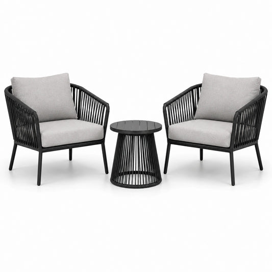 3-teiliges Gartenmöbel-Set mit 2 Sesseln je 75 × 75 × 80 cm und Beistelltisch Ø 50 × 45 cm, Schwarz/Hellgrau