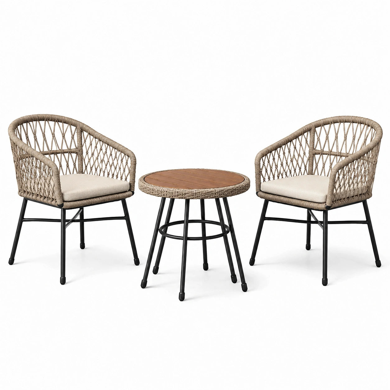 3-teiliges Set mit 2 Stühlen 60 × 58 × 78 cm und rundem Tisch Ø 60 × 65 cm, Beige/Braun/Schwarz