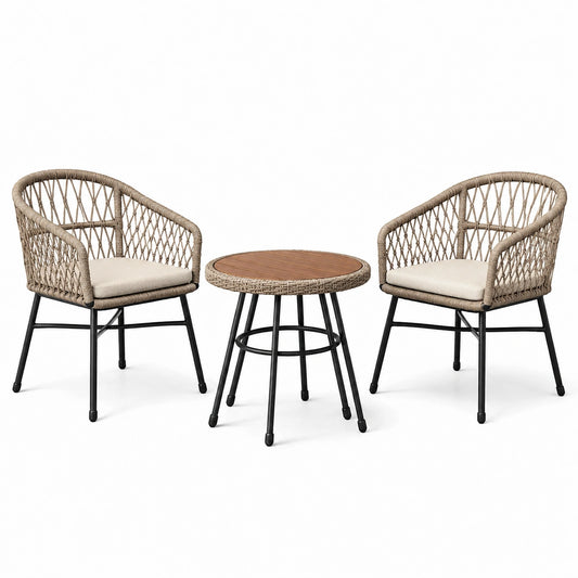 3-teiliges Set mit 2 Stühlen 60 × 58 × 78 cm und rundem Tisch Ø 60 × 65 cm, Beige/Braun/Schwarz