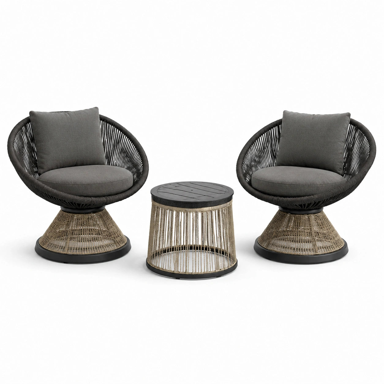 3-teiliges Gartenmöbel-Set mit 2 Drehsesseln 82 × 78 × 86 cm und Beistelltisch Ø 50 × 48 cm, Schwarz, Grau und Naturfarben