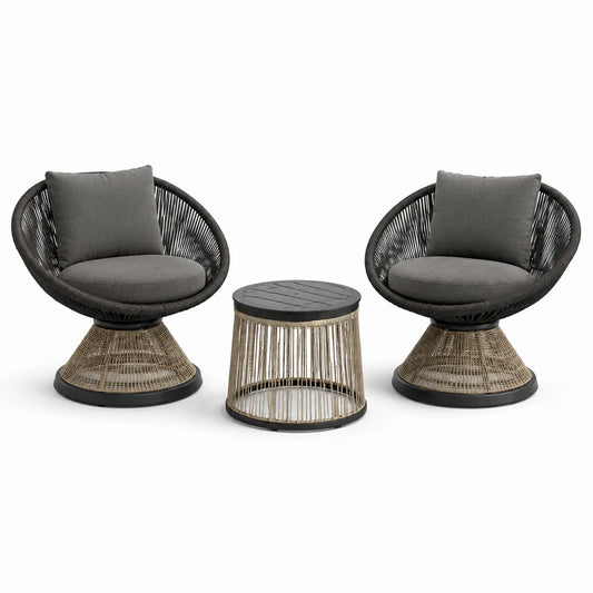 3-teiliges Gartenmöbel-Set mit 2 Drehsesseln 82 × 78 × 86 cm und Beistelltisch Ø 50 × 48 cm, Schwarz, Grau und Naturfarben