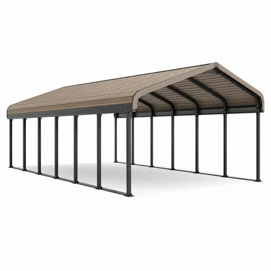 Doppelcarport aus Stahl, 600 × 600 × 310 cm, Braun und Anthrazit, freistehend mit Satteldach