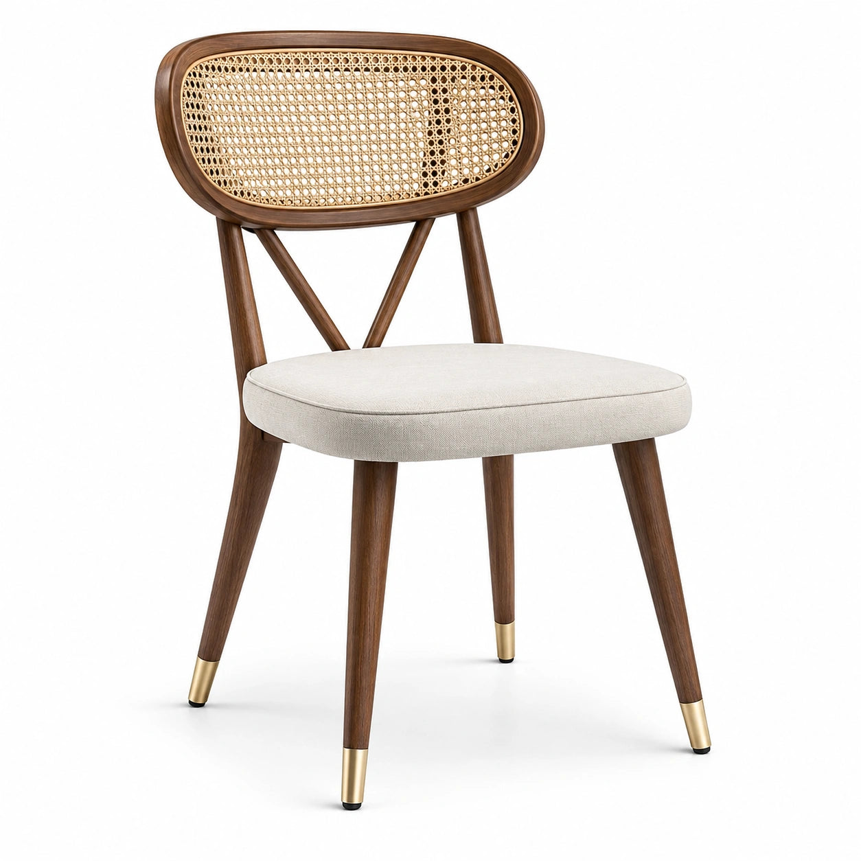 Gepolsterter Esszimmerstuhl aus Holz mit Rattangeflecht, Beige/Braun/Goldfarben, 49 × 53 × 82 cm