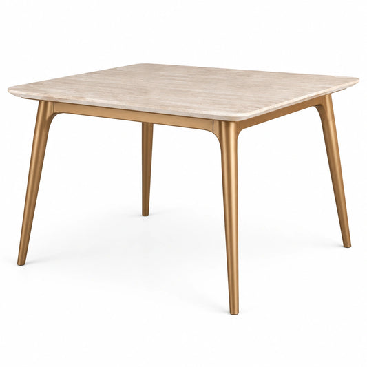 Moderner quadratischer Esstisch 120 × 120 × 75 cm, Beige in Steinoptik mit goldenem Metallgestell