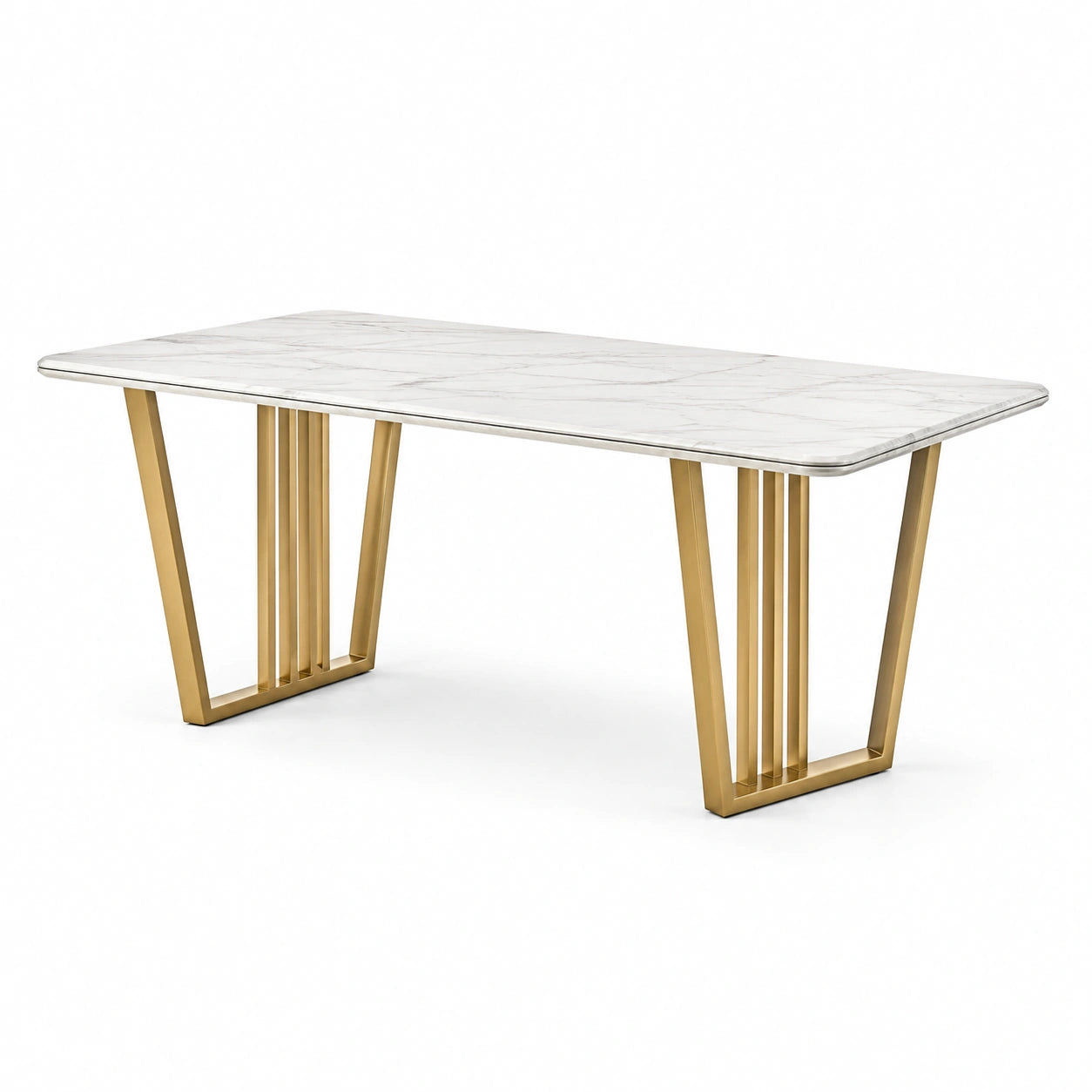 Moderner Esstisch in Weiß und Gold, 180 × 90 × 76 cm, Tischplatte in Marmoroptik mit Metallgestell