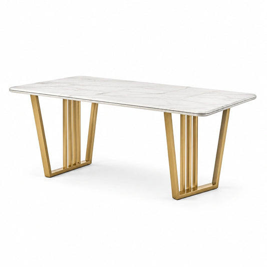 Moderner Esstisch in Weiß und Gold, 180 × 90 × 76 cm, Tischplatte in Marmoroptik mit Metallgestell